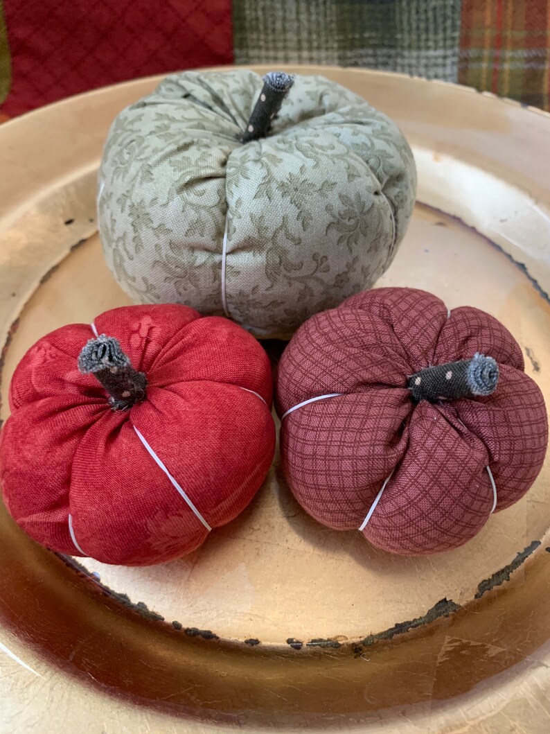 Set no.2: Handmade Fabric Pumpkins Autumn Decoration muted green and red image 2