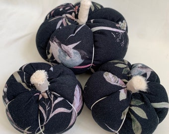 Set no.12: Handmade Fabric Pumpkins Autumn Decoration (black, cream, pink, green flowers and birds)