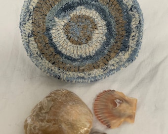 Handmade fabric scrap coil mini ring dish bowl basket in blue and sand beach theme