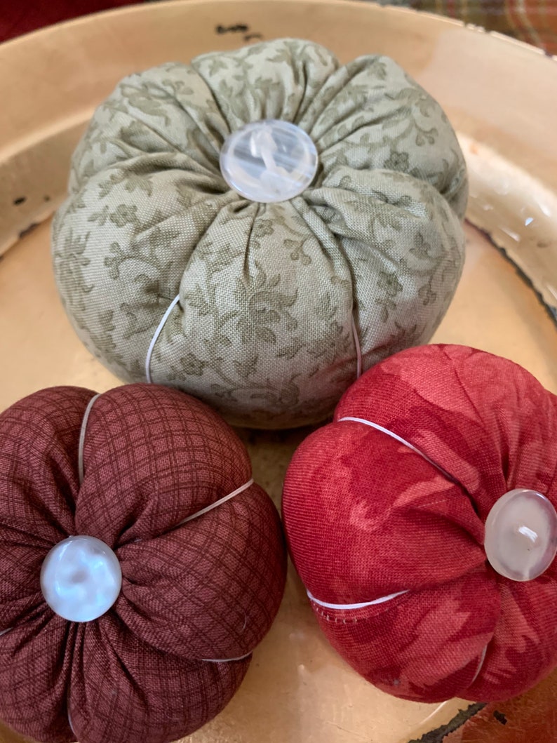 Set no.2: Handmade Fabric Pumpkins Autumn Decoration muted green and red image 3