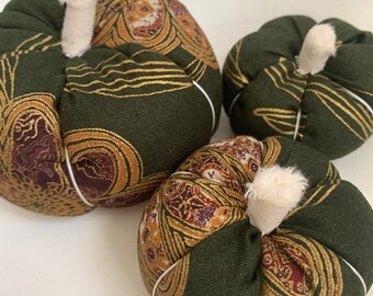 Set no.4: Handmade Fabric Pumpkins Autumn Decoration (green, burgundy and gold)