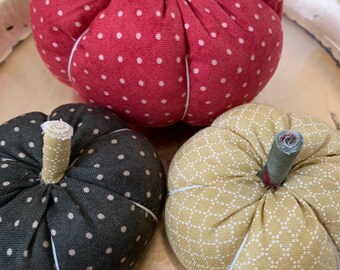 Set no.1: Handmade Fabric Pumpkins Autumn Decoration (red, yellow, green, spots and squares)