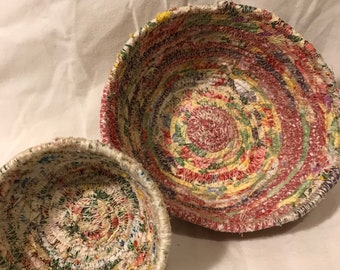 Set of 2 handmade fabric scrap coil bowls multi coloured cream pink