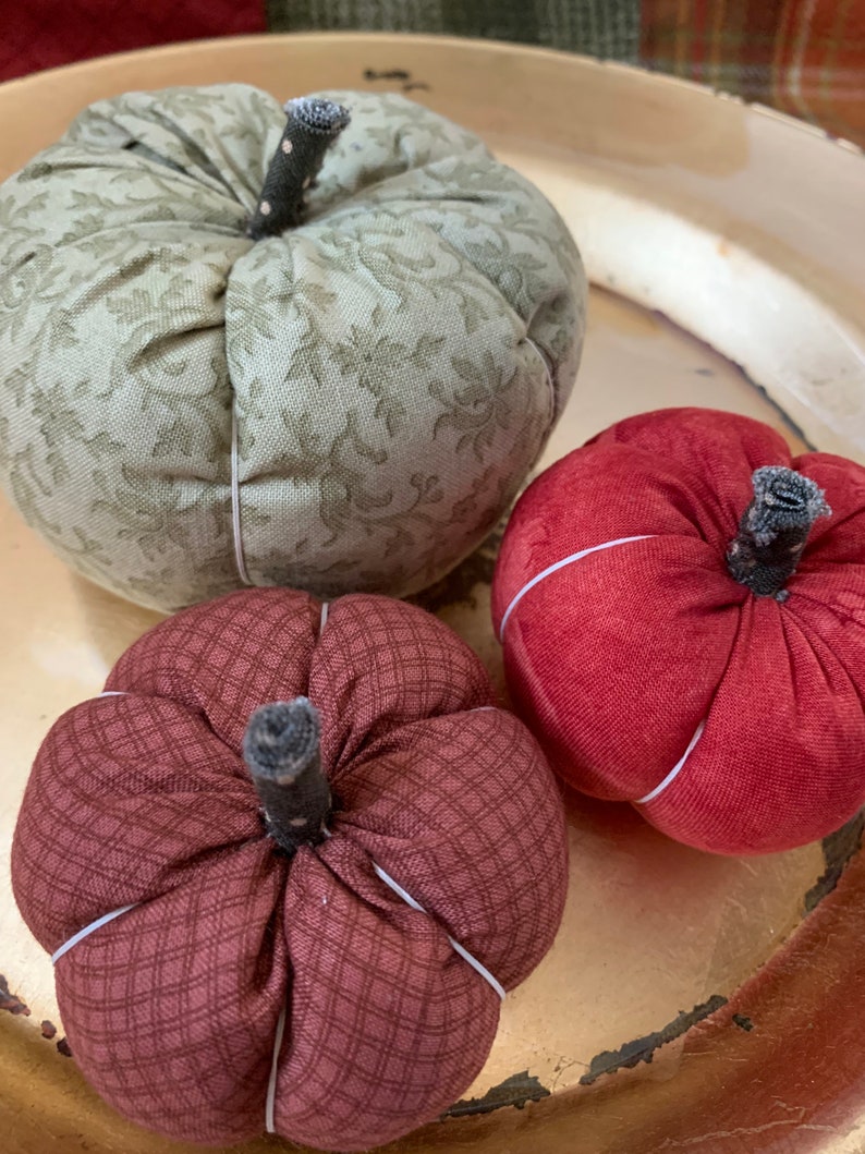 Set no.2: Handmade Fabric Pumpkins Autumn Decoration muted green and red image 1