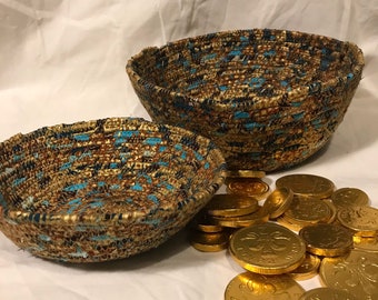 Set of 2 handmade fabric scrap coil bowls gold and teal