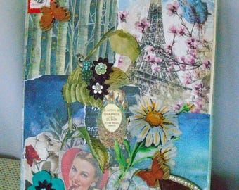 Peacocks and Paris mixed medium assemblage collage art