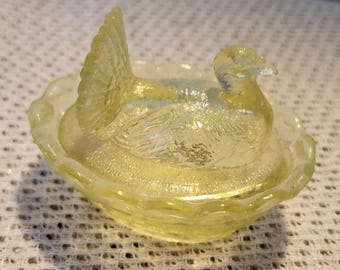 Miniature salt cellar lemon yellow vaseline uranium glass black light reactive turkey in the basket