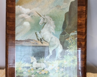 Vintage unicorn and baby foal unicorn wood wall plaque
