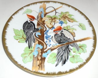 Pileated woodpecker plate vintage gold trim