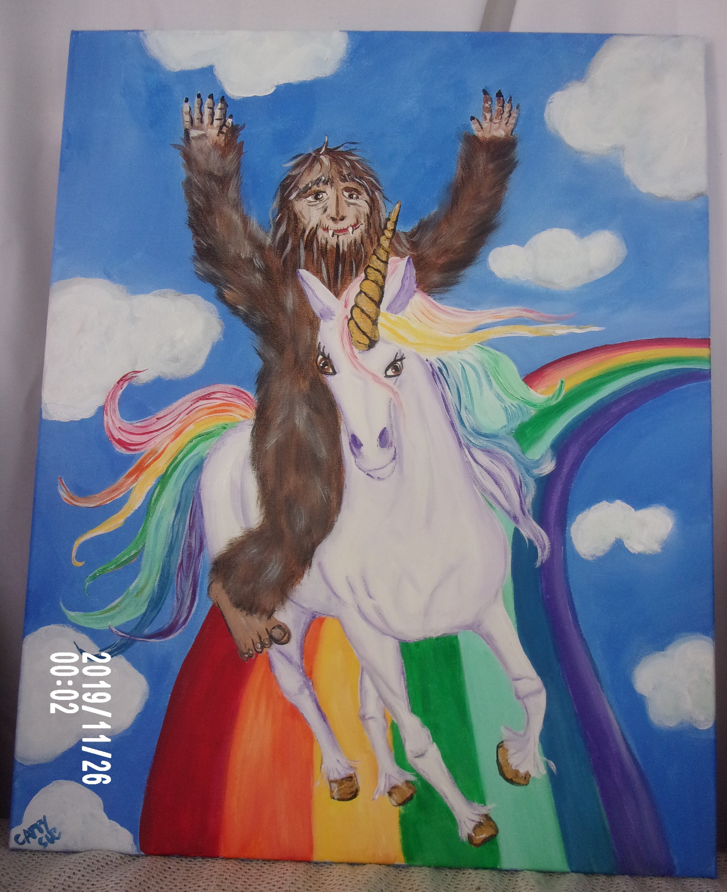 Bigfoot Sasquatch riding a unicorn on a rainbow painting Etsy 日本