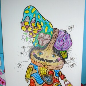 May include: A whimsical illustration of a cartoon character with a large, bulbous head, wearing a colorful hat with flowers and a purple scarf. The character has a wide smile and is holding a small, pink purse.