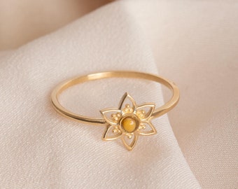 Gold Floral Mustard Seed Ring - 14k/18k Flower Design, Inspirational Faith Jewelry, Perfect Christian Gift for Baptism & Birthday