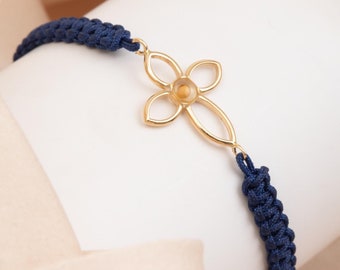 Gold Flower Cross Bracelet with Mustard Seed in 14k/18k Gold, Adjustable Macrame Rope Bracelet, Religious Symbol, Baptism, Confirmation Gift