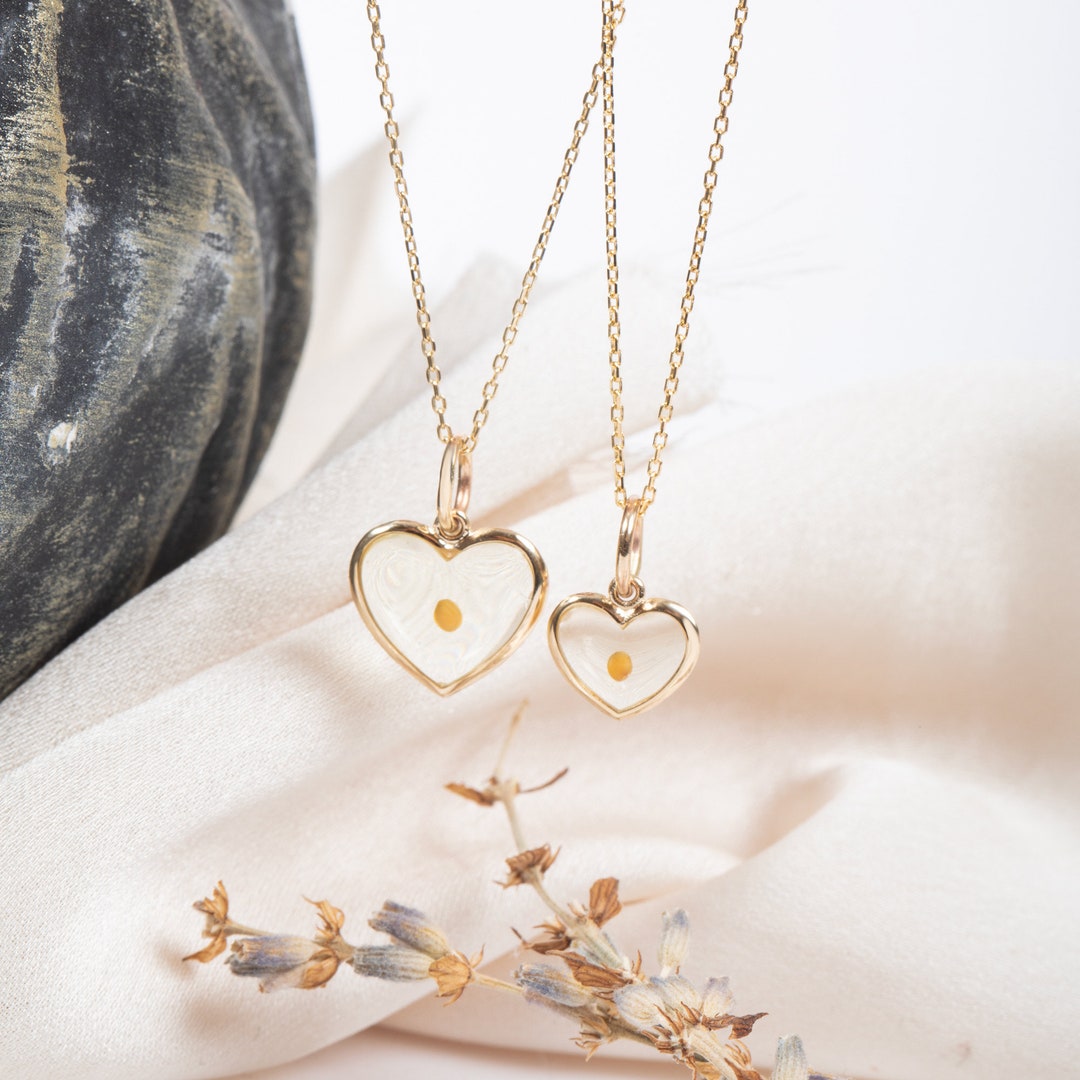 Mustard Seed Heart Pendant Necklace 14k Solid Gold, Real Mustard