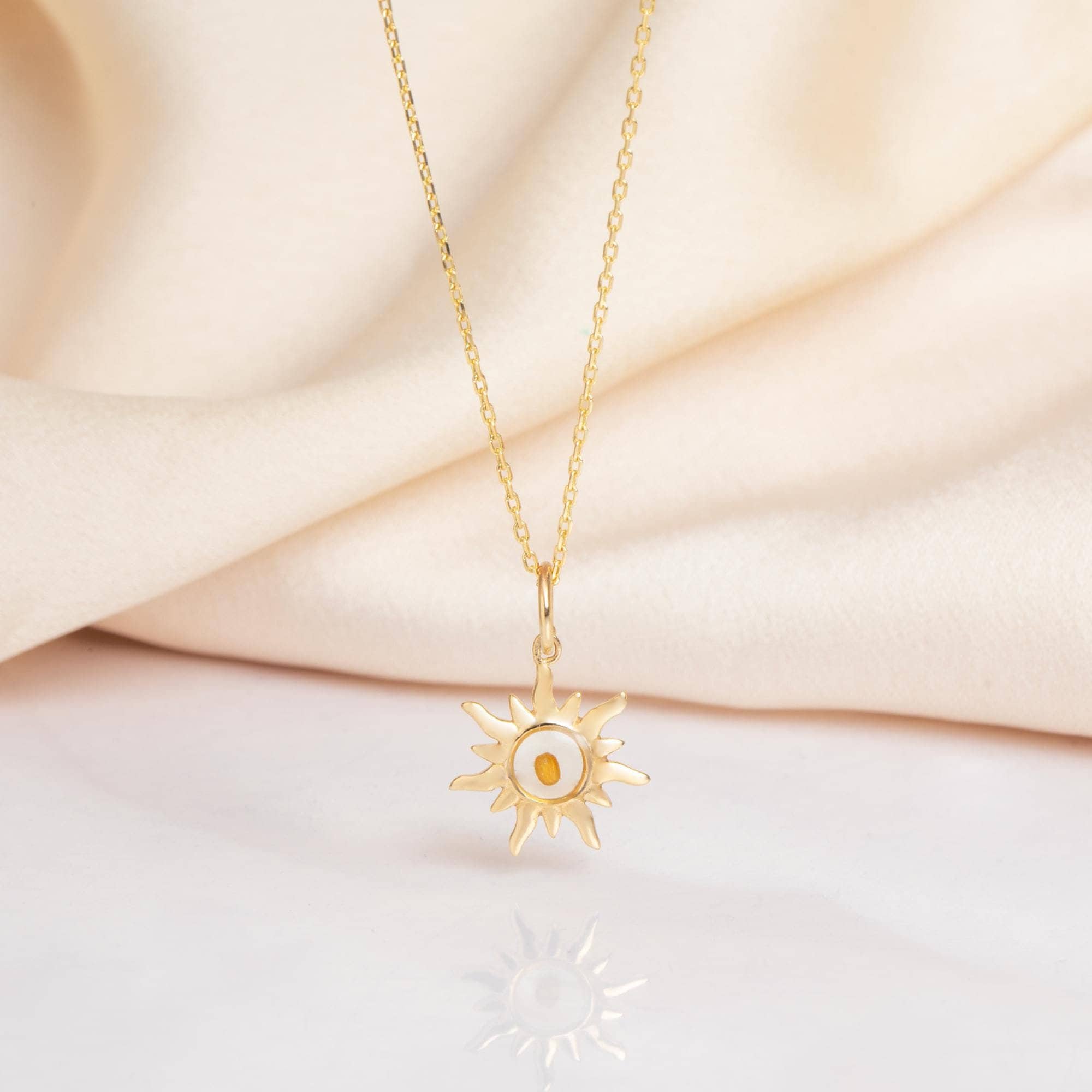 14K/18K Solid Gold Sunburst Pendant Necklace With Mustard