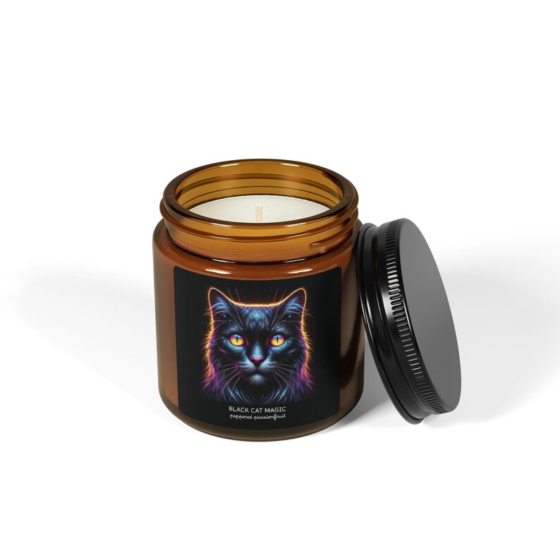 BLACK CAT MAGIC Scented Soy Candle 4oz, Amber Jar Peppered Passionfruit