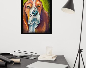 May include: A colourful painting of a basset hound dog with a serious expression. The dog's fur is painted in shades of brown, orange, and white, and its eyes are a bright blue. The background is a vibrant green.