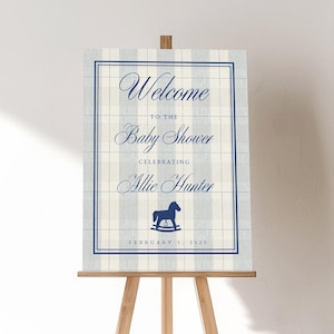 Modello modificabile per cartello di benvenuto per baby shower Old Money Trendy Old Money Sign Baby Shower Blue Plaid Welcome Sign Canva Ralph Lauren Style