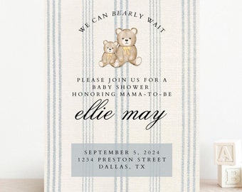 May include: A baby shower invitation with a blue and white striped background. The invitation features two teddy bears with yellow bows and the text "We can bearly wait". The invitation also includes the text "Please join us for a baby shower honoring mama-to-be ellie may". The date, address, and RSVP information are also included.