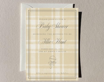 Plantilla editable de invitación para baby shower con dinero antiguo de cuadros vichy. Invitación moderna con dinero antiguo para baby shower. Invitación de género neutro. Estilo Ralph Lauren.