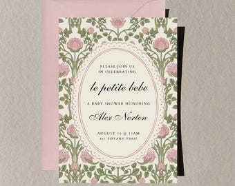 Vintage "Le Petit Bebe" Baby Shower Invitation Template | Trendy Pattern Pink & Green Floral Feminine Baby Shower Editable Invitation