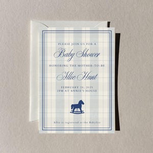 Altes Geld-Babyparty-Einladung Bearbeitbare Vorlage Trendiges altes Geld laden Babyparty ein Blaue karierte Einladung Canva Ralph Lauren-Stil