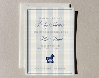 Plantilla editable de invitación para baby shower con dinero antiguo / Invitación moderna para baby shower con dinero antiguo, invitación a cuadros azules, estilo Ralph Lauren de Canva