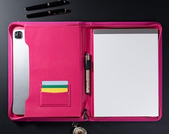 Pink Leather Padfolio, A4 Portfolio Folder,Personalized Name&Logo Planner, Zippered Notebook Holde,Perfect Gift for Women