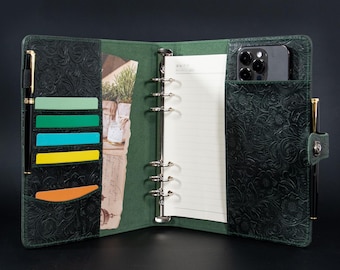 Personalized Green Real Leather Journal Case, A5 Embossed Leather Planner, 6Ring Custom Leather Notepad Binder, Custom Gift for Her