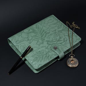 Agenda A5 de couro com relevo verde, diário de couro personalizado, capa de caderno de couro personalizada, pasta de 6 argolas Filefox, presentes de Natal