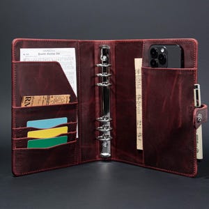 Agenda de couro Crazy Horse vermelha gravada, capa de diário de couro com 6 argolas, capa de caderno A5 personalizada, diário para ela, presentes de Natal