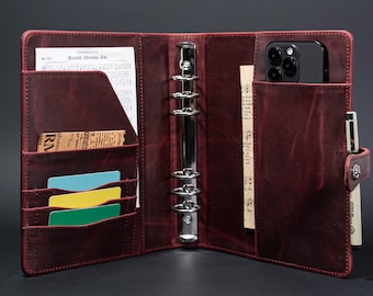 Engraved Red Crazy Horse Leather Planner,6-Ring Binder Leather Journal Cover,Personalized A5 Notebook Cover,Journal for Her,Christmas Gifts