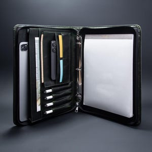 Portafolio de cuero genuino personalizado, opción de logotipo/nombre grabado disponible, carpeta de tamaño carta con 3 anillos, funda para iPad, regalo de aniversario