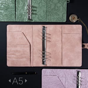 Capa de fichário A5 rosa vintage, capa de diário de couro personalizada, planejador de viagem com 6 argolas, fichário de couro gravado, presentes de Natal