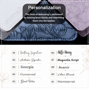 May include: A leather item featuring debossed floral patterns and the name Chandler Vivian. The image includes a text overlay explaining the debossing process and a numbered list of ten font styles: Brittany Signature, Amsterdam Signature, Georgia, Garamond, Great Vibes, Hello Honey, Magnolia Script, Avenir, Alex Brush, and Montserrat.