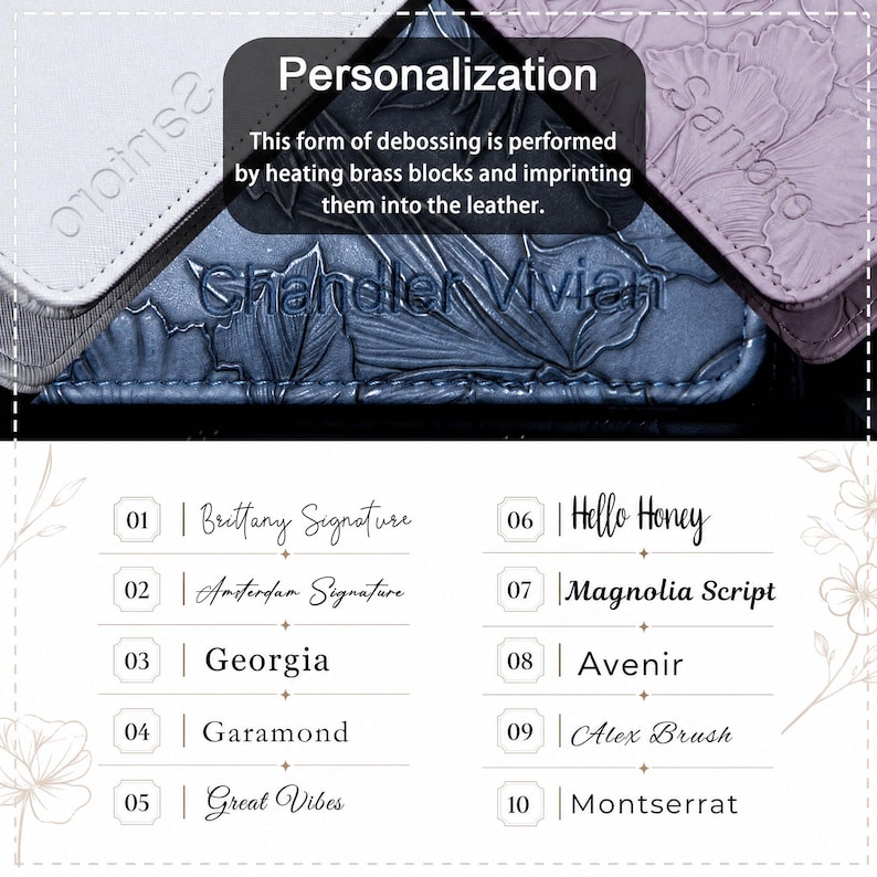May include: A leather item featuring debossed floral patterns and the name Chandler Vivian. The image includes a text overlay explaining the debossing process and a numbered list of ten font styles: Brittany Signature, Amsterdam Signature, Georgia, Garamond, Great Vibes, Hello Honey, Magnolia Script, Avenir, Alex Brush, and Montserrat.