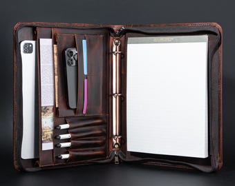 3-Ring Binder Leather Portfolio Folder,Custom Oil Wax Portfolio With Zipper,Engraved A4 Leather Office Binder,Personalized Business Gift