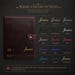 May include: A dark brown leather notebook with a snap closure, featuring a name customization guide. The text displays name color options including gold, rose gold, silver, black, white, pink, hot pink, red, purple, blue, navy, teal, green, and light gold.