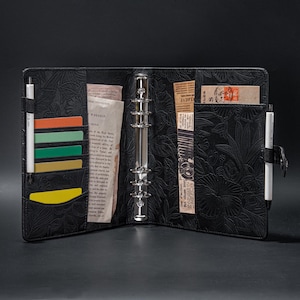 Caderno de couro personalizado A5, diário de viagem de couro com 6 argolas, capa de planejador de couro com relevo recarregável, presentes de aniversário