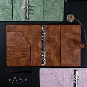 Capa de diário de couro personalizada de 9,5" x 7,8", planejador de fichário de couro vintage personalizado, caderno de carteira de couro com 6 argolas, presentes de aniversário