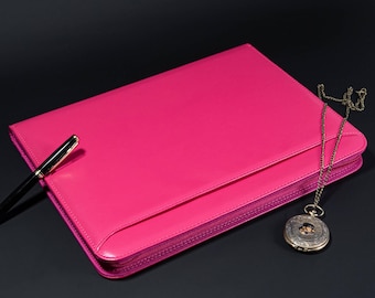 Personalized Pink Leather Padfolio,Custom Notepad Cover,Elegant Leather Journal,A4 PU Leather Portfolio Organizer for Her,Anniversary Gift