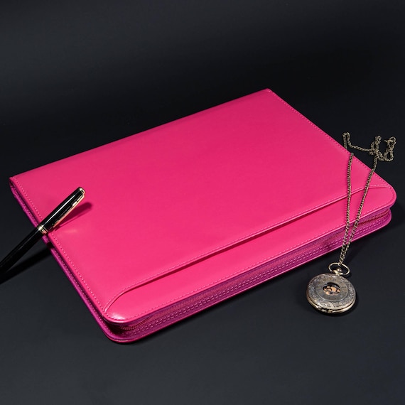 Personalized Pink Leather Padfolio,Custom Notepad Cover,Elegant Leather Journal,A4 PU Leather Portfolio Organizer for Her,Anniversary Gift