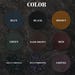 May include: A color chart featuring nine circular swatches labeled Blue, Black, Brown, Green, Dark Brown, Red, Green Embossed, Blue Embossing, and Coffee. The swatches are arranged in a grid against a dark, textured background with the title COLOR.