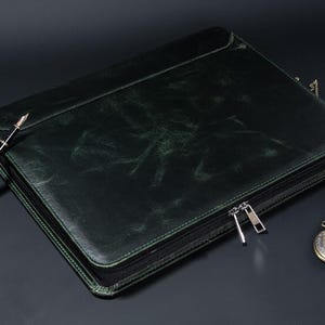 Left-handed Genuine Leather Portfolio, Green Oil Wax Leather Padfolio with A4 Notepad Holder, 3 Ring Binder Case, Anniversary Gift for Her