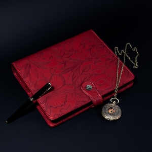 Caderno de couro personalizado com 6 argolas, encartes de couro A5 personalizados, capa de couro vermelha para planejador de argolas para mulheres, presentes de aniversário