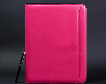Custom Portfolio Pink PU Leather,Engraved Letter Size Padfolio Zipper,Personalized Notebook Holder for Women,Christmas Gift,Anniversary Gift
