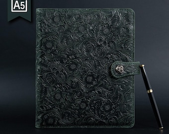 Personalized Green Real Leather Journal,A5 Embossed Leather Planner Cover,6Ring Custom Leather Notepad Binder, Unique Christmas Gift for Her