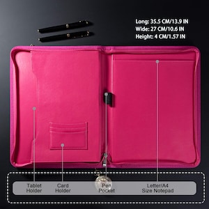 May include: A pink leather zippered folder with multiple compartments. The folder has a tablet holder, card holder, pen pocket, and a letter/A4 size notepad section. The folder measures 13.9 inches long, 10.6 inches wide, and 1.57 inches high.