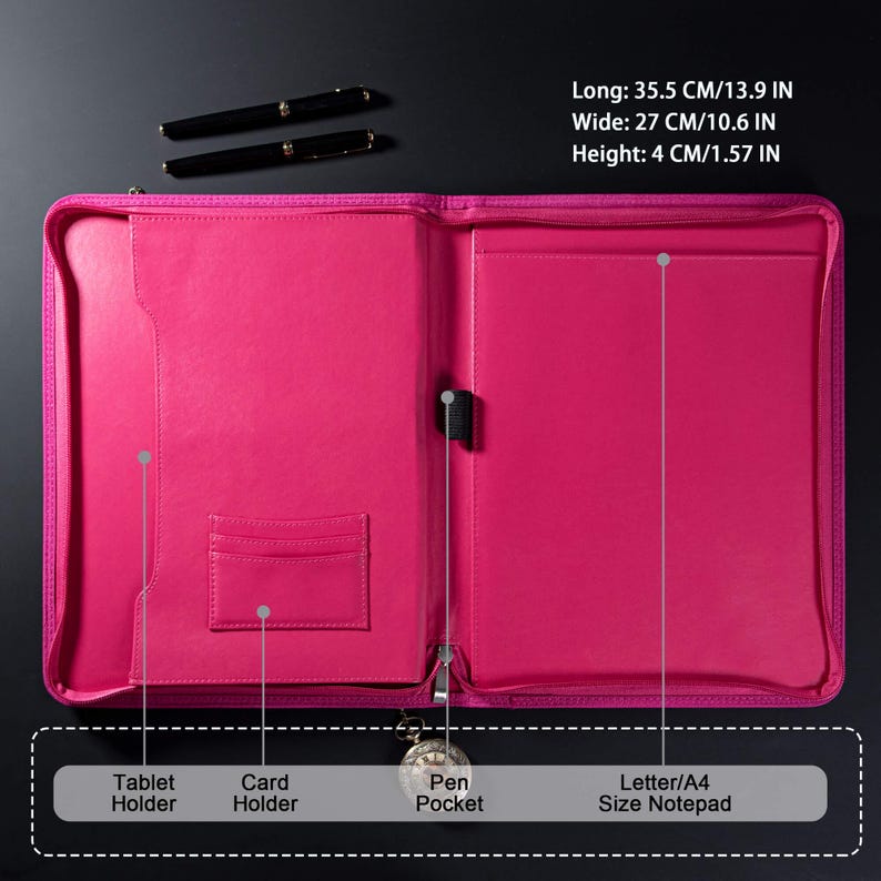 May include: A pink leather zippered folder with multiple compartments. The folder has a tablet holder, card holder, pen pocket, and a letter/A4 size notepad section. The folder measures 13.9 inches long, 10.6 inches wide, and 1.57 inches high.