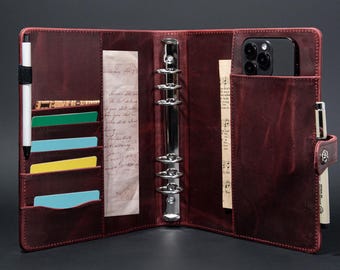 Customizable A5 Real Leather Planner, 6-Ring Binder Cover Personalized, Leather Journal Case for Her,Unique Anniversary Gift, Christmas Gift
